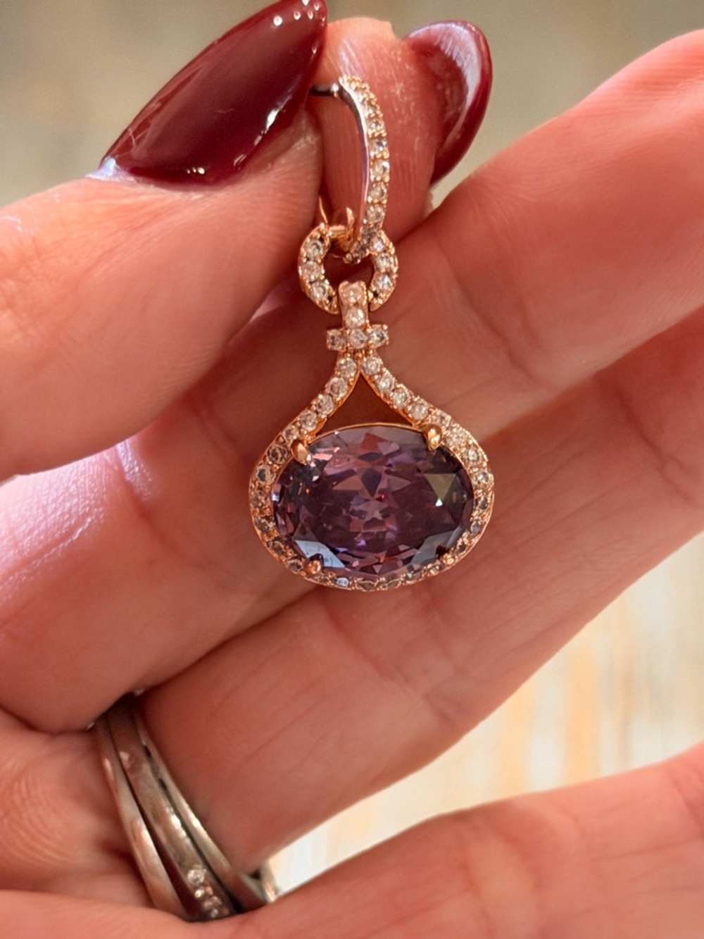 Bomb Party NWOT! Rose Gold Drop Earrings with Purple Stones - Picture 3 of 6